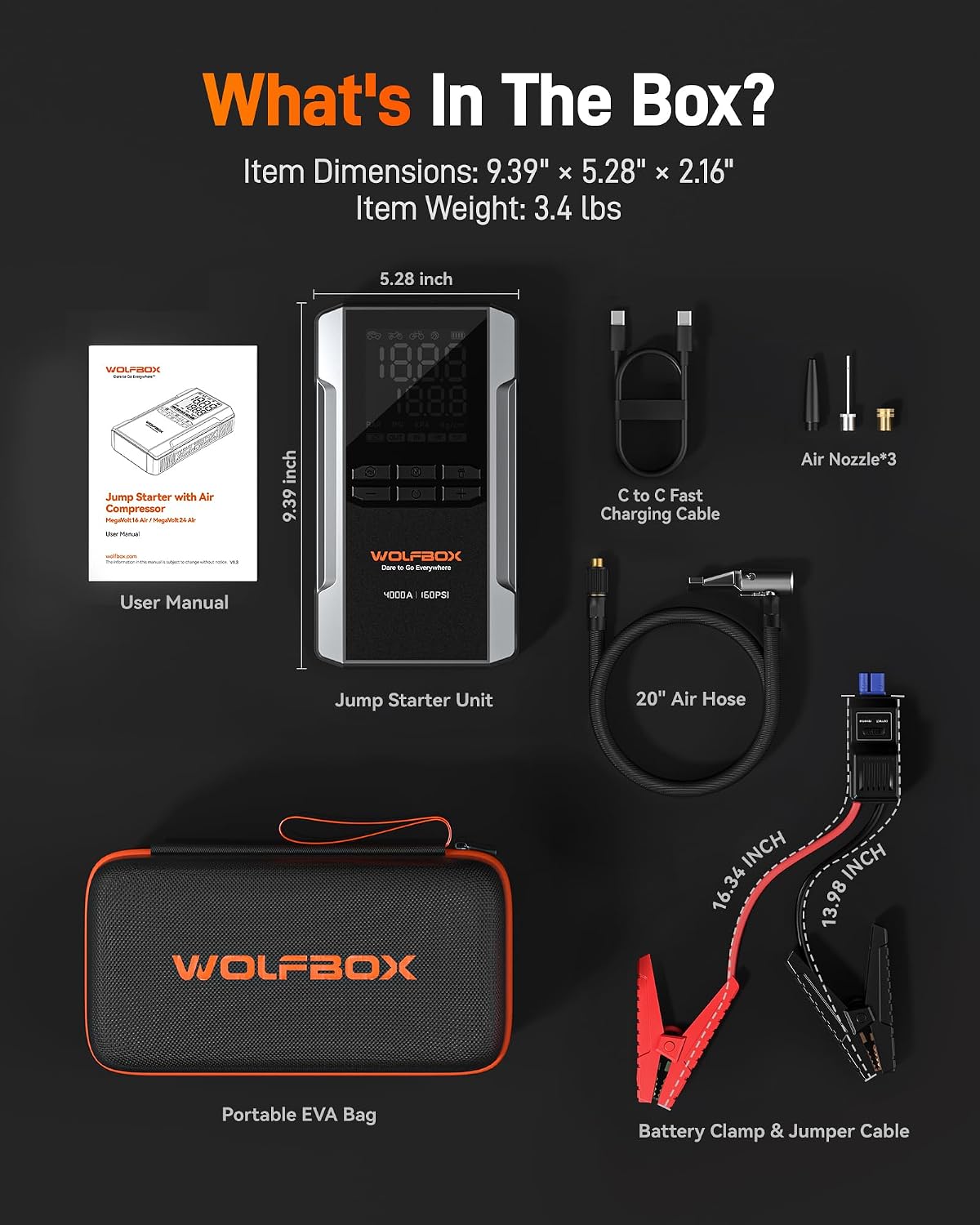 WOLFBOX MV24A 4000A Jump Starter with 160PSI Air Compressor, 12V Car Battery Booster, 88.8Wh Portable Jump Box (10L Gas/10L Diesel) with 65W Fast Charging, Tire Inflator, Jumper Cables, LED Light