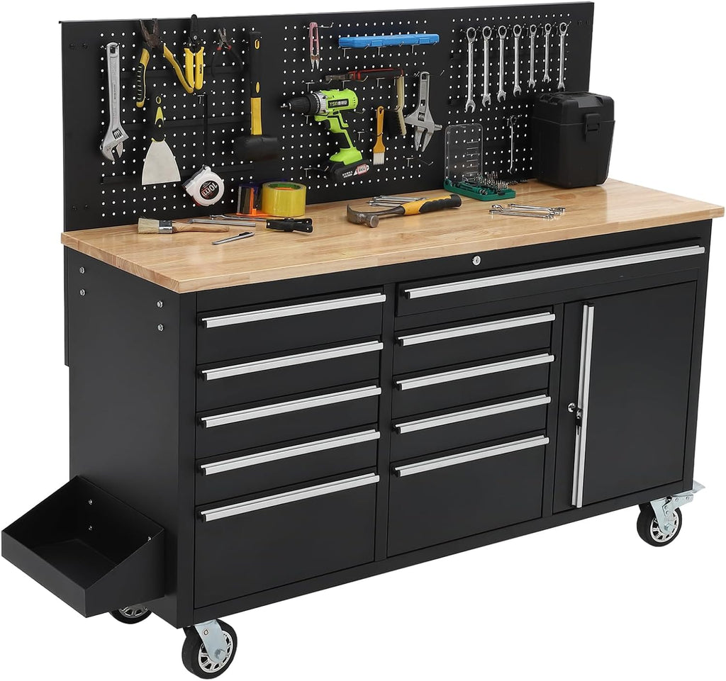 IDEALHOUSE 61-inch Rolling Tool Chest, 10 Drawers Garage Workbench Storage Tool Cabinet with Power Strip, Solid Rubber Wood Top, 1675 LBS Load Mobile Workstation, Heavy Duty Rolling Cabinet, Black