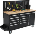 IDEALHOUSE 61-inch Rolling Tool Chest, 10 Drawers Garage Workbench Storage Tool Cabinet with Power Strip, Solid Rubber Wood Top, 1675 LBS Load Mobile Workstation, Heavy Duty Rolling Cabinet, Black