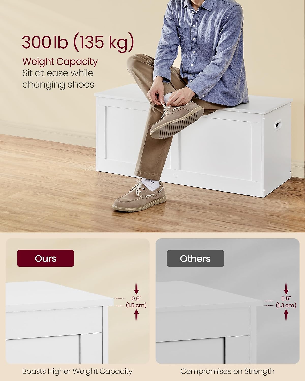 vasagle storage chest with 2 safety hinges, 15.7 showing dimensions