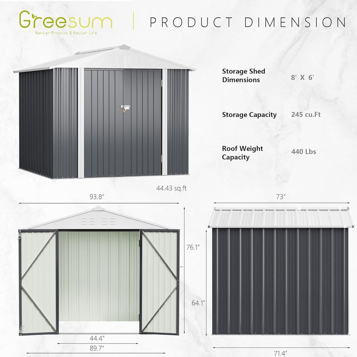 greesum 8x6ft outdoor storage shed, gray, close-up detail