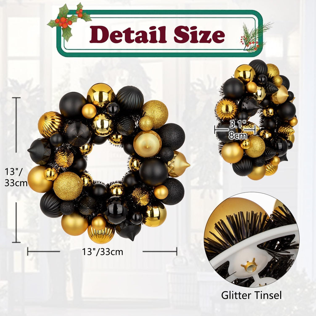 Halloween Ball Wreath 13" Xmas Wreaths Ornaments Glitter Thicken Shatterproof Garland Decoration for Christmas Door Wall Mantel Holiday Party Decor, Gold & Black