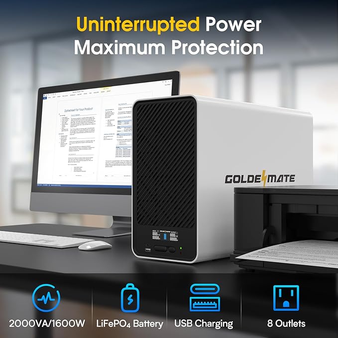 GOLDENMATE 2000VA/1600W Lithium UPS Battery Backup and Surge Protector