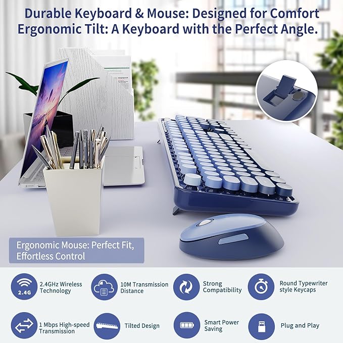 Nowlike Wireless Keyboard and Mouse Combo, Retro Typewriter Keyboard