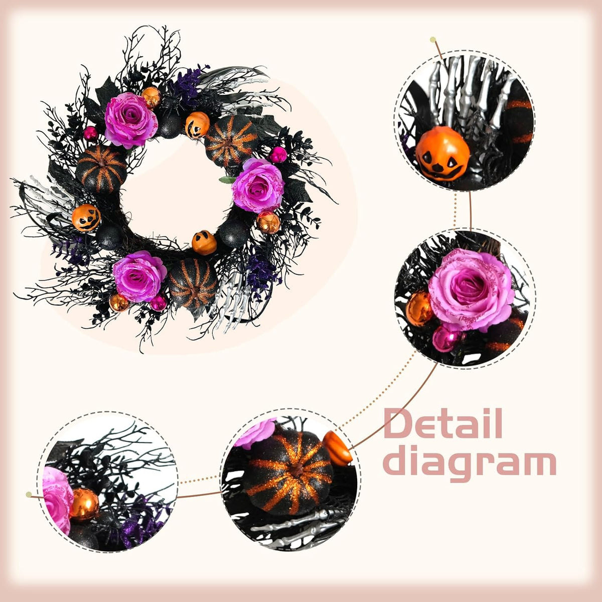 22 Inch Halloween Wreaths for Front Door Artificial Black Welcome Wreath with Pumpink Rose Skeleton Hand Indoor Outdoor Wall Holiday Decorations
