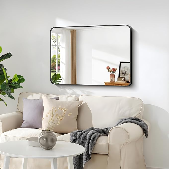 Bathroom Mirror, 18 x 24 inch Metal Framed Black Rectangle Mirror, Rounded