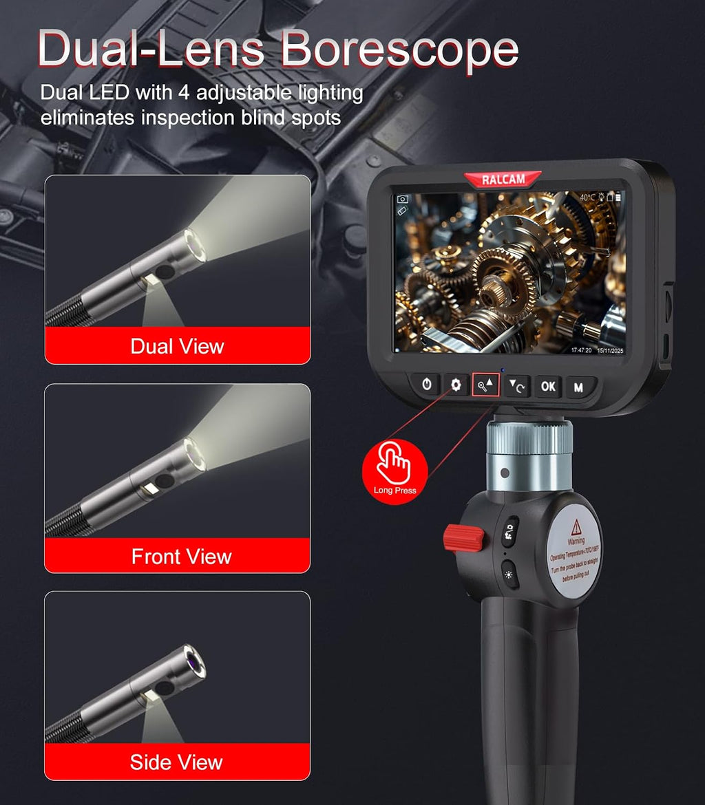 ralcam dual lens articulating borescope camera with light, close-up detail