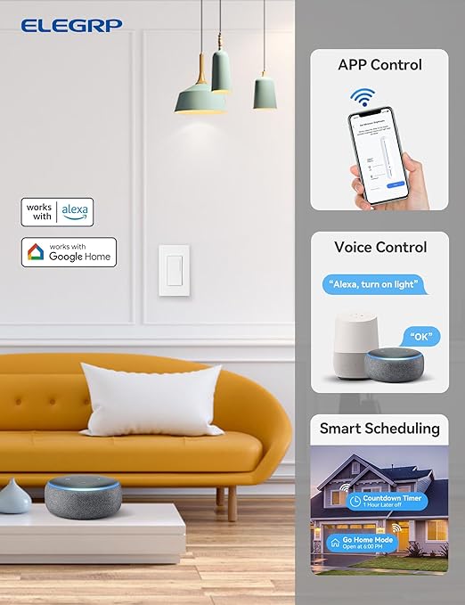 ELEGRP Smart Dimmer Light Switch DTR30, Single Pole or 3 Way, 2.4GHz Wi-Fi (2 Pack)