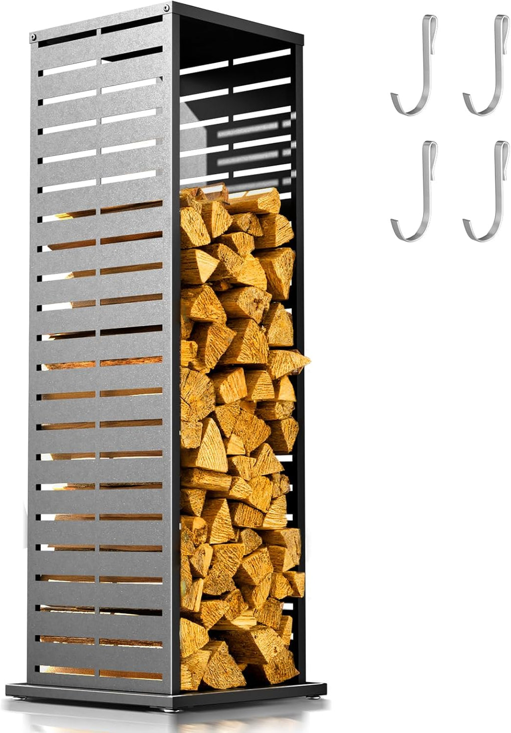 4ft Firewood Rack，Fire Wood Log Holder as Indoor Plant Stand, Outdoor Privacy Screen, Firewood Storage for Fire Pits Fireplace Pergola Gazebo Patio Deck Balcony Black