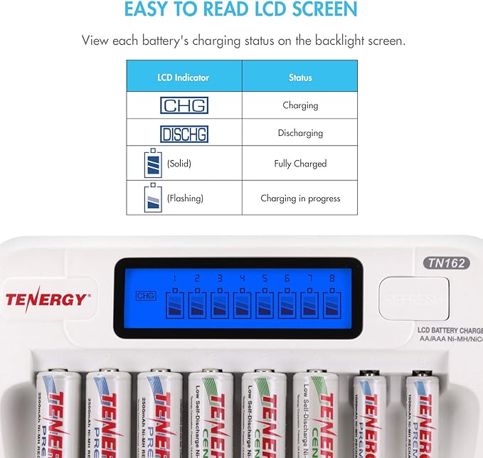 Tenergy Batteries and Charger Bundle, TN162 8-Bay Smart LCD AA/AAA NiMH/NiCd