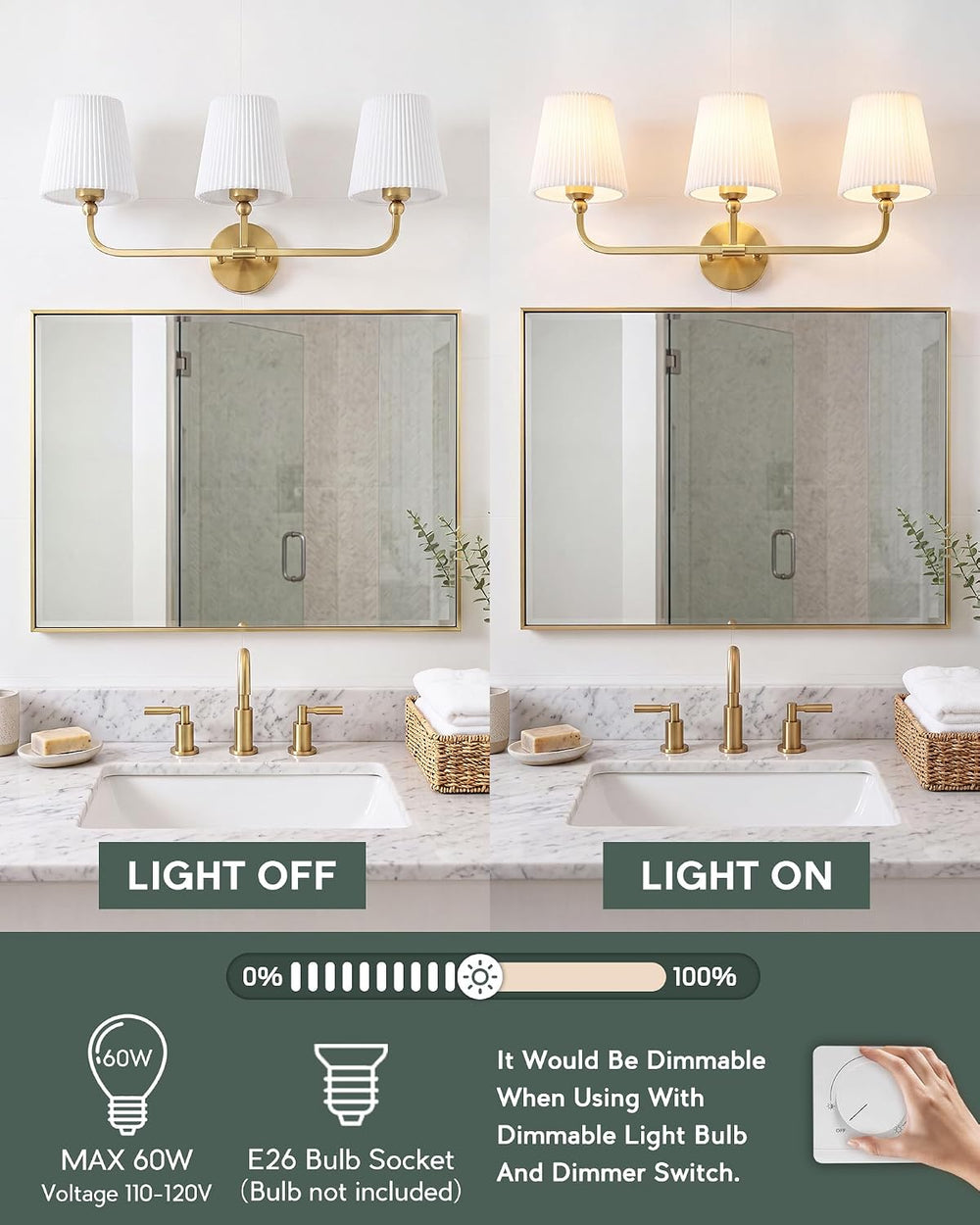 3-Light Brushed Gold Bathroom Vanity Light, Pleated Fabric Shade