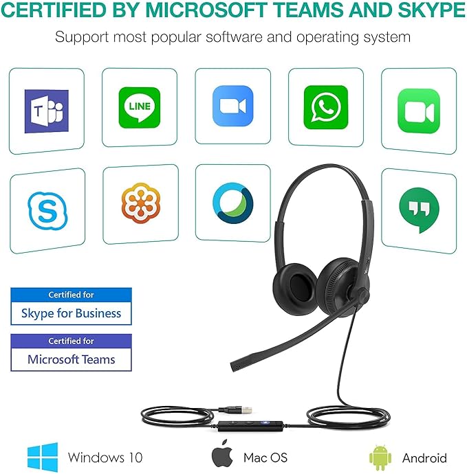 Yealink UH34 USB Headset with Mic, Stereo Wired Headphones with Noise