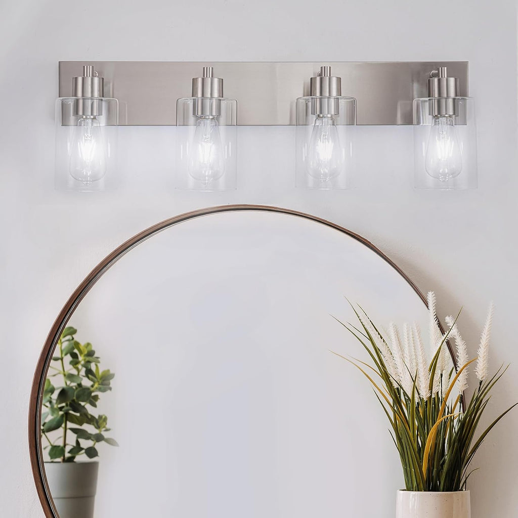 4-Light Brushed Nickel Bathroom Vanity Lights, Clear Glass | Brushed Nickel Metal Frame,Up/Down Wall Mount,cylinder Glass Shade,Kitchen Hallway Bedroom Indoor Use,Easy Install,E26 Base