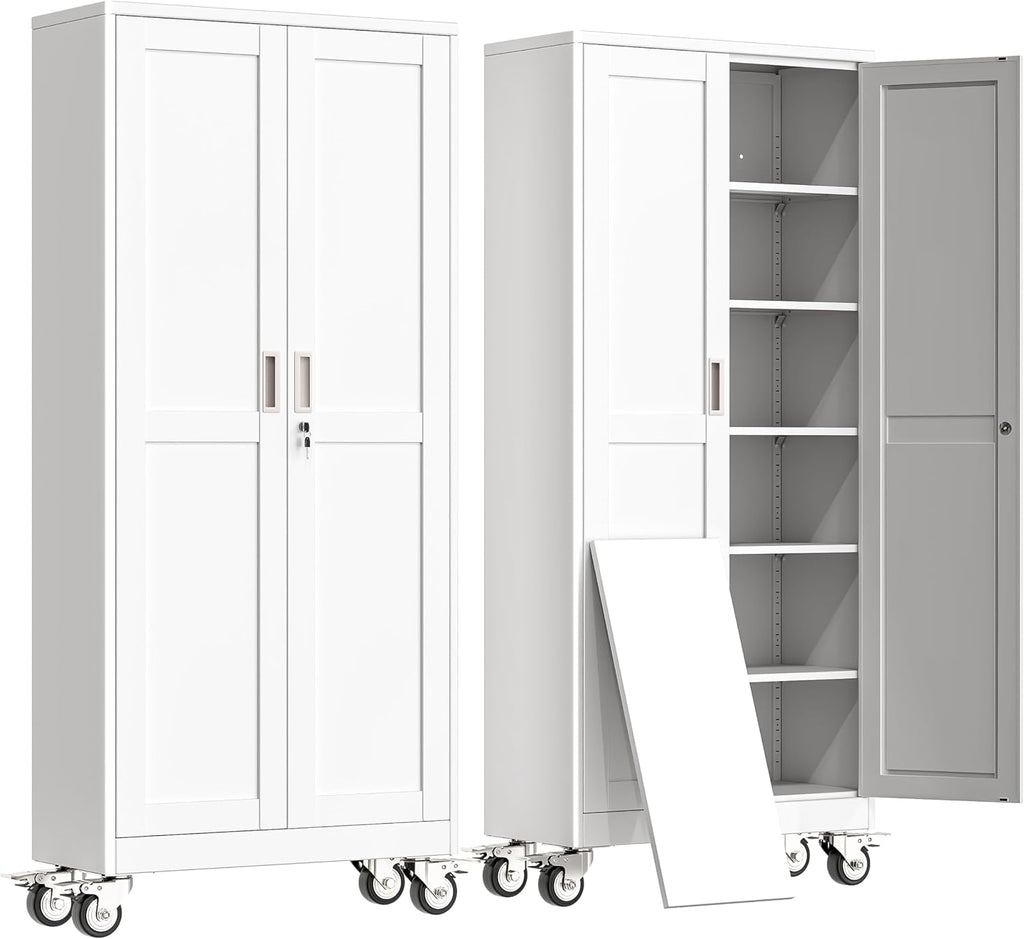 erosoei 75" H Metal Garage Storage Cabinet, Rolling Tool Cabinet with 2 Doors and Wheels, Locker Steel Cabinet with 5 Adjustable Shelves, Organization Cabinet for Garage,Office,Home,Gym,School（White）