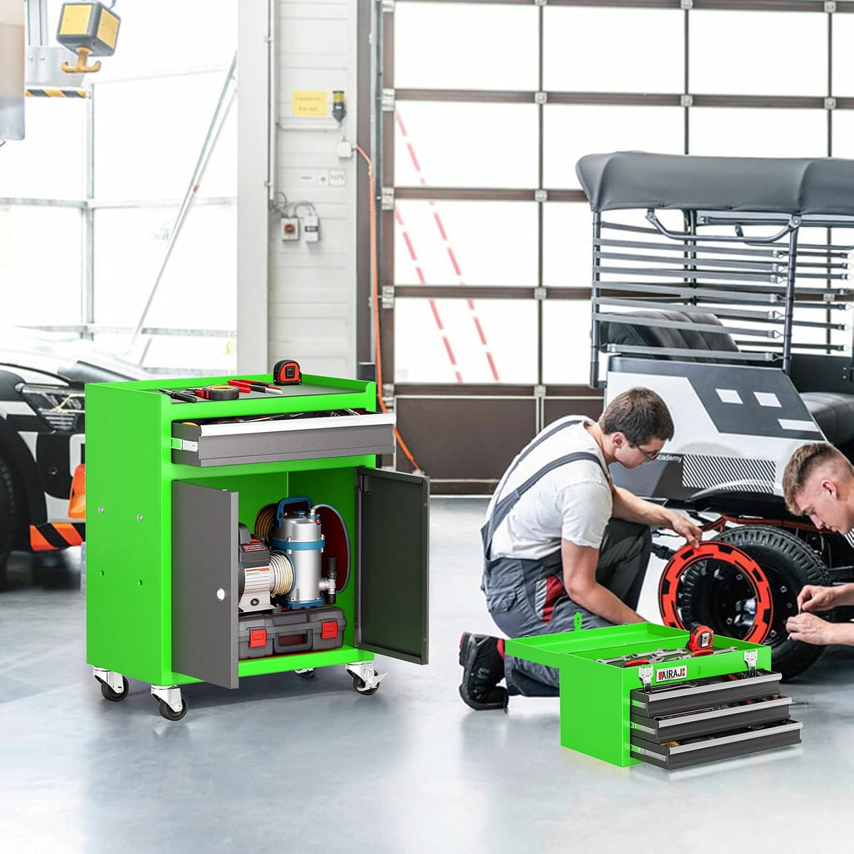 airaj tool chest 4 drawer,40" large rolling tool shown in use