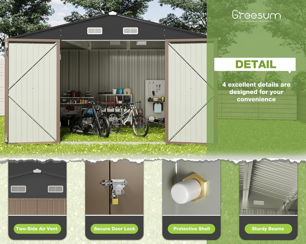 greesum 10 x 10 ft metal outdoor storage on a desk or shelf