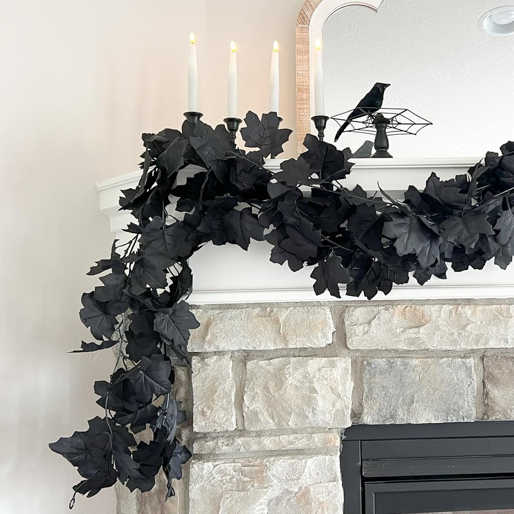 CQURE Black Maple Leaf Garland, 12PCS Halloween Garland Maple Leaves Fall Leaves Hanging Vines Halloween Thanksgiving Decor for Home Table Front Porch