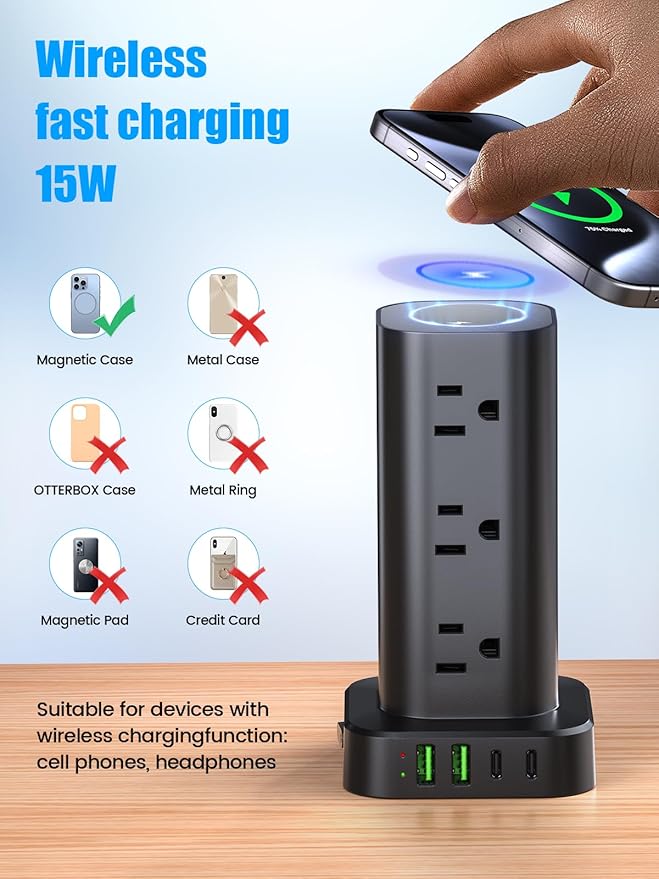 Tower Power Strip with 15W Wireless Charger, 6FT Flat Plug Extension Cord with