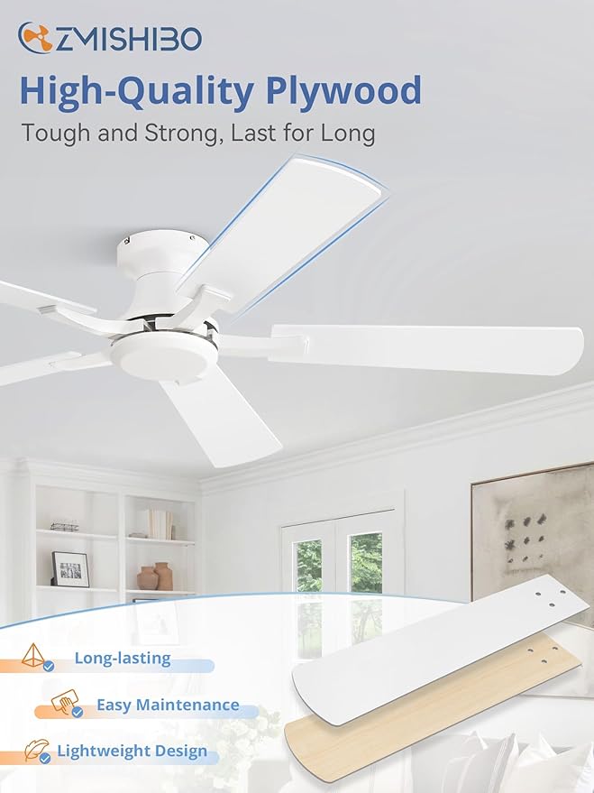 ZMISHIBO 52 Inch Ceiling Fan No Light, Flush Mount Low Profile, Modern White