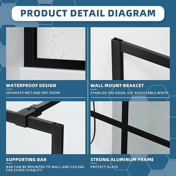 Goodyo 34"- 46" x 72" Glass Shower Door Clear Tempered Glass Panel Fixed Shower
