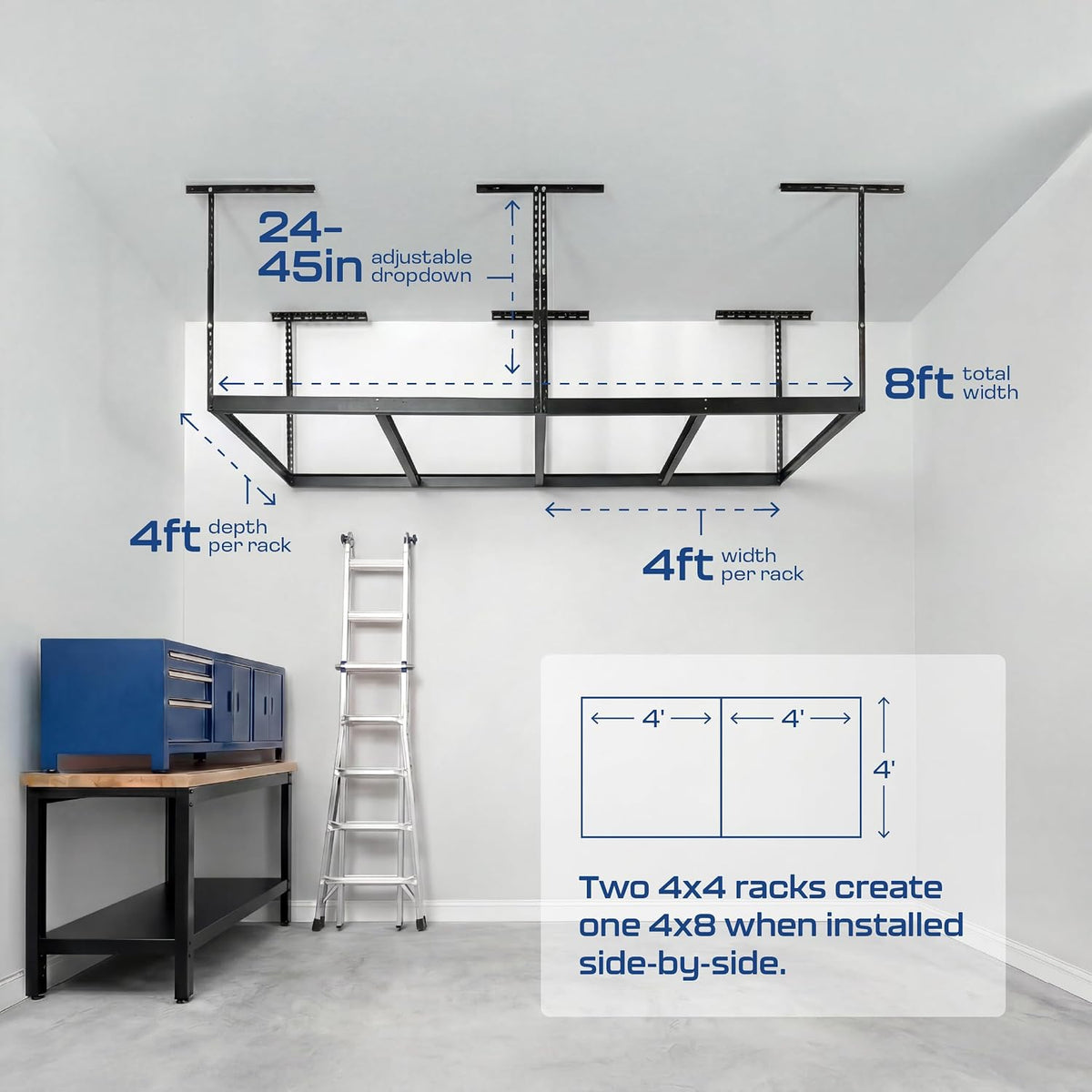 monsterrax 4x8 overhead storage rack frame kit, hammertone, close-up detail