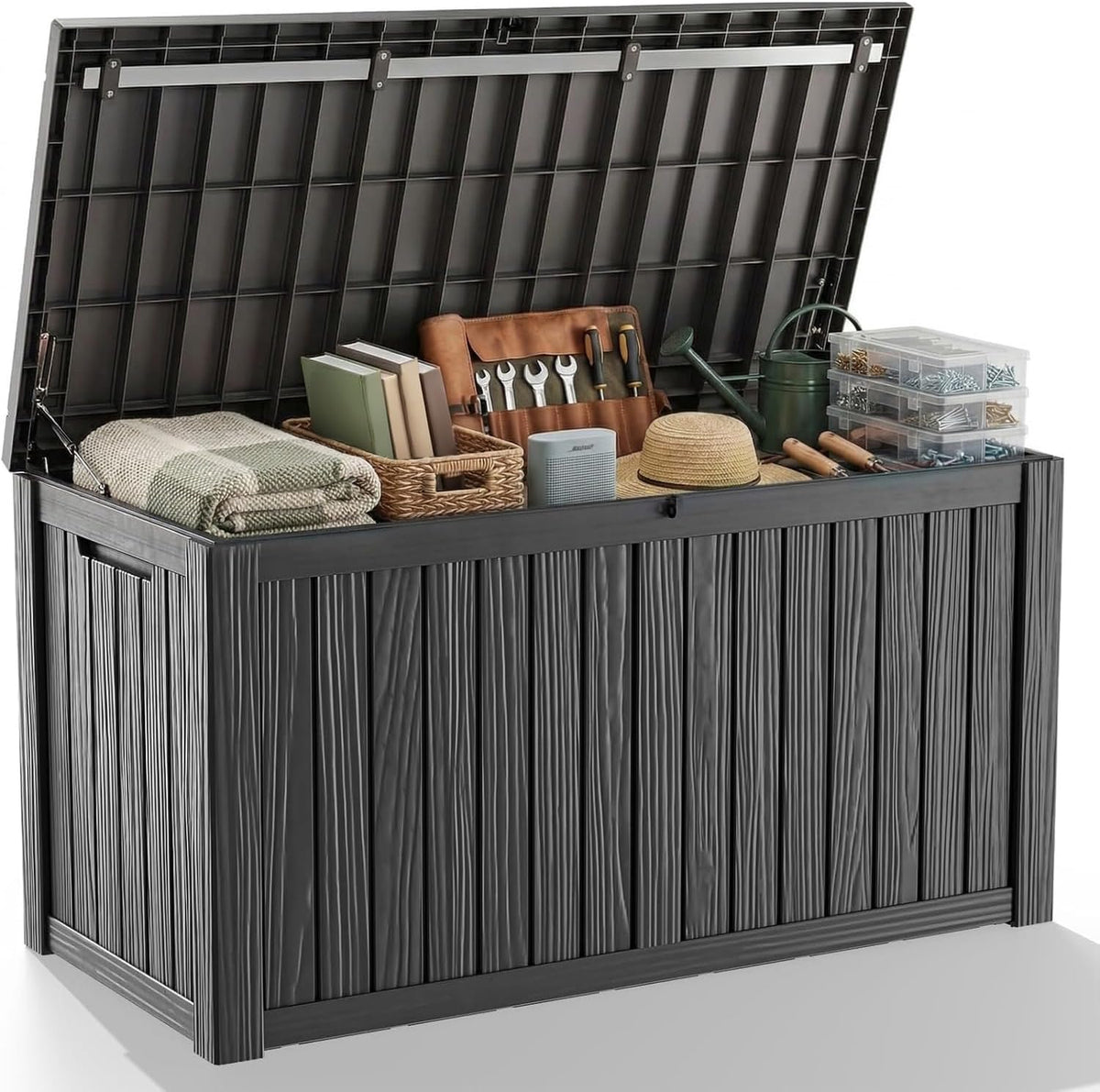 Outdoor Waterproof Resin Storage Deck Box Lockable Outside Bench UV Resistant Bin Patio Porch Furniture Pool Float Garden Tool Cushion (Black, 180 Gallon)
