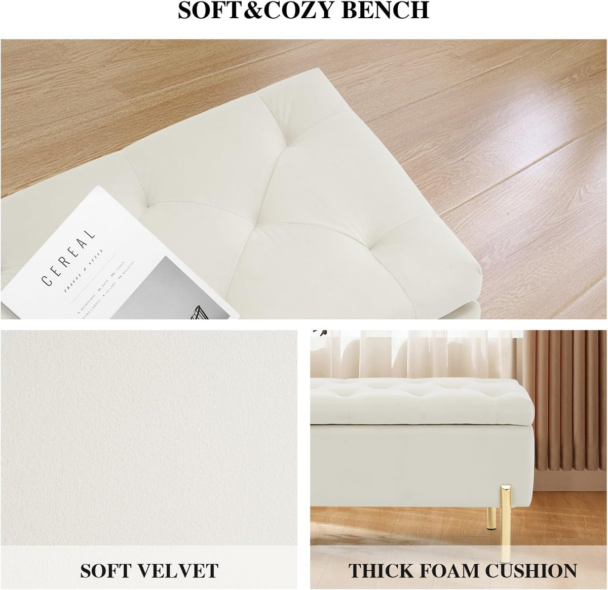 Velvet Storage Bench Ottoman, 45.6-Inch End of Bed Bench, Ivory