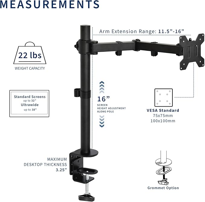 VIVO Single 13 to 38 inch Ultrawide Monitor Arm Desk Mount, Regular Screens up