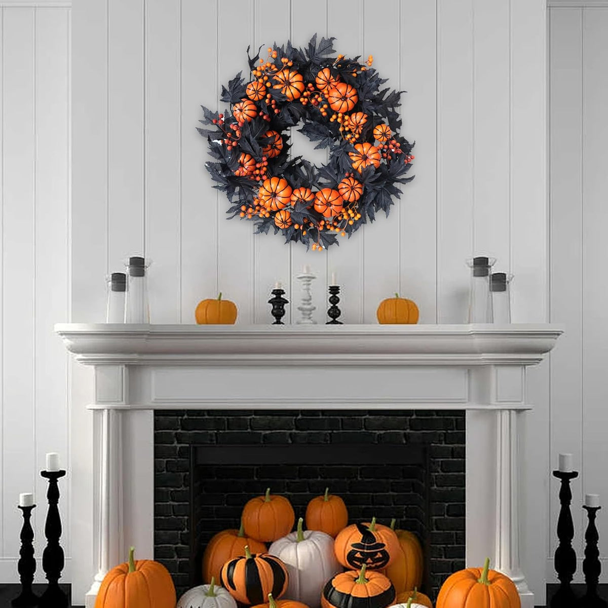 Halloween Wreaths Black Maple Leaf Wreath Orange Pumpkin Wreath Holiday Decoration Party Party Celebration Wreaths Front Door Back Door Hallway Patio Decoration