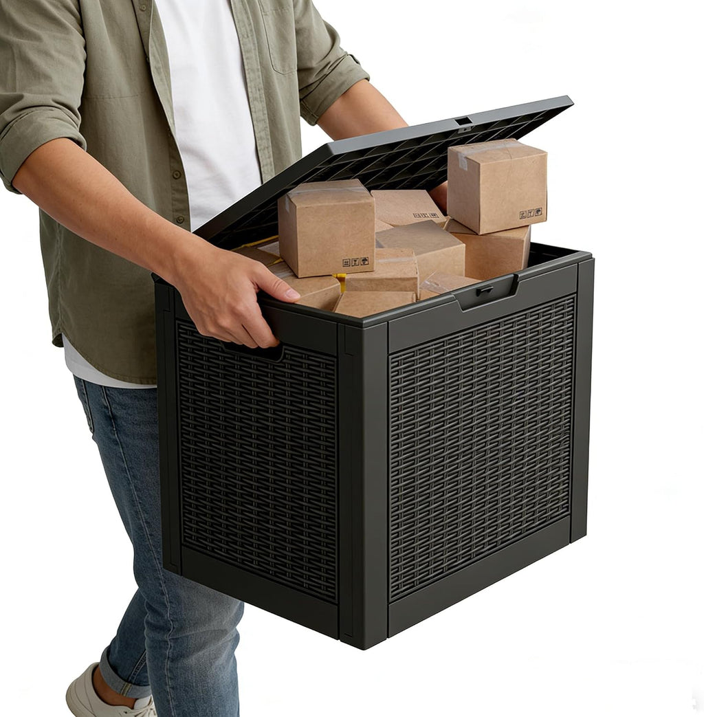 31 gallon outdoor storage box waterproof deck box, side view