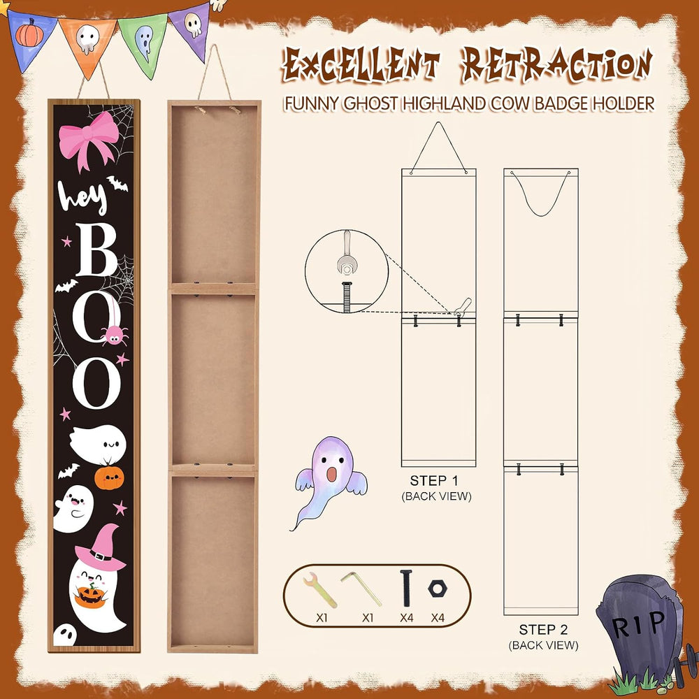 Pink Halloween Porch Sign Boo Ghost with Bow Halloween Outdoor Decor, 47"