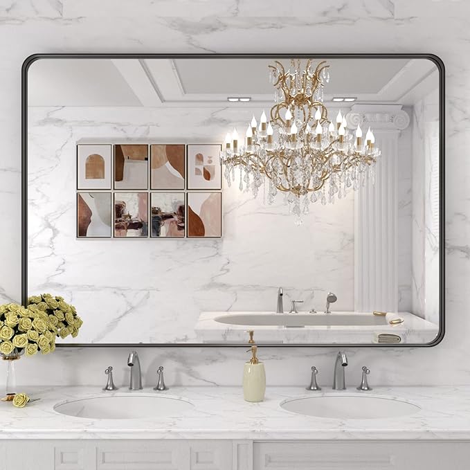 LOAAO 48X32 Inch Black Metal Framed Bathroom Mirror