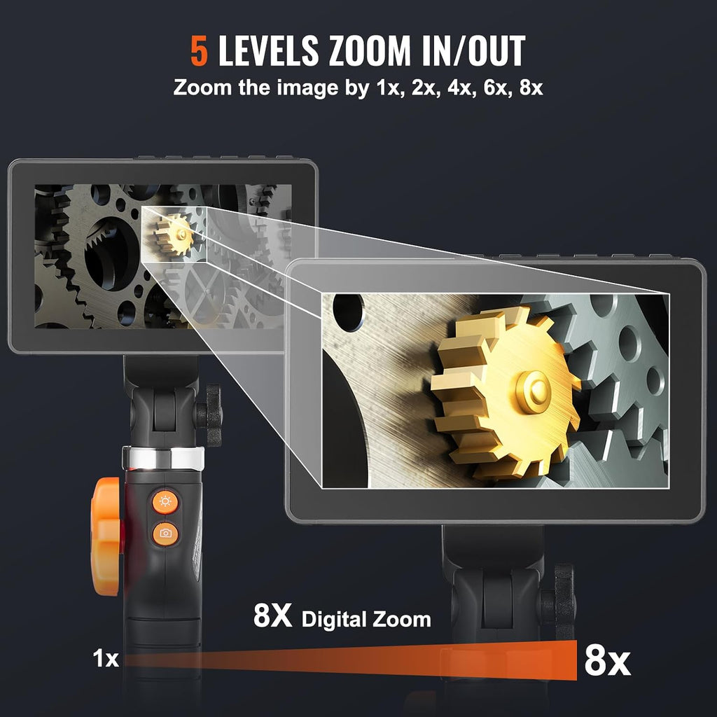 vevor 2-way articulating borescope camera with light & showing dimensions