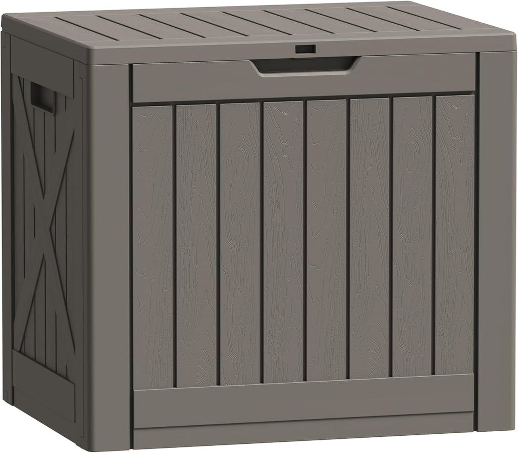 flamaker resin deck box 40 gallon waterproof outdoor shown in use