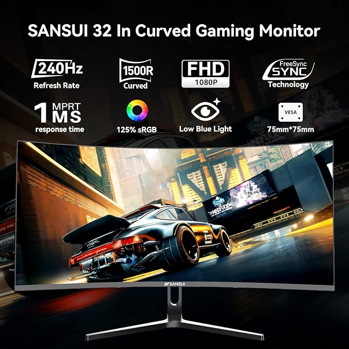 SANSUI 32 Inch Curved 240Hz Gaming Monitor High Refresh Rate, FHD 1080P Gaming