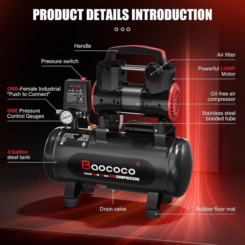 Portable Air Compressor with 3 Gallon Steel Tank 1.15 HP 2.2 CFM @ 90 PSI