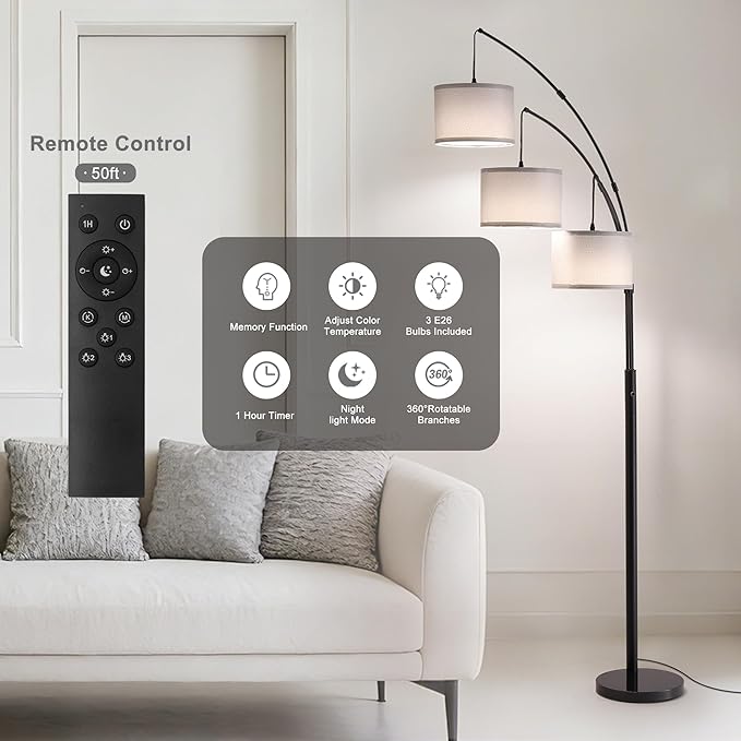 Fansdrick Floor lamp with Remote, 3 Light Arc Floor Lamps