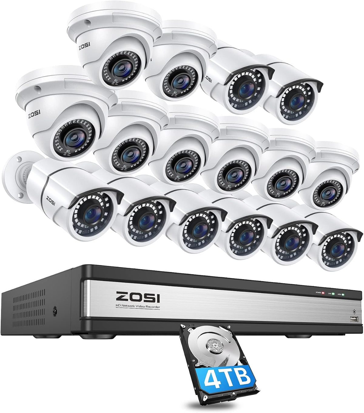 ZOSI 16CH 4K PoE Security System, 16pcs 5MP Bullet Dome Metal Cam, 4TB HDD