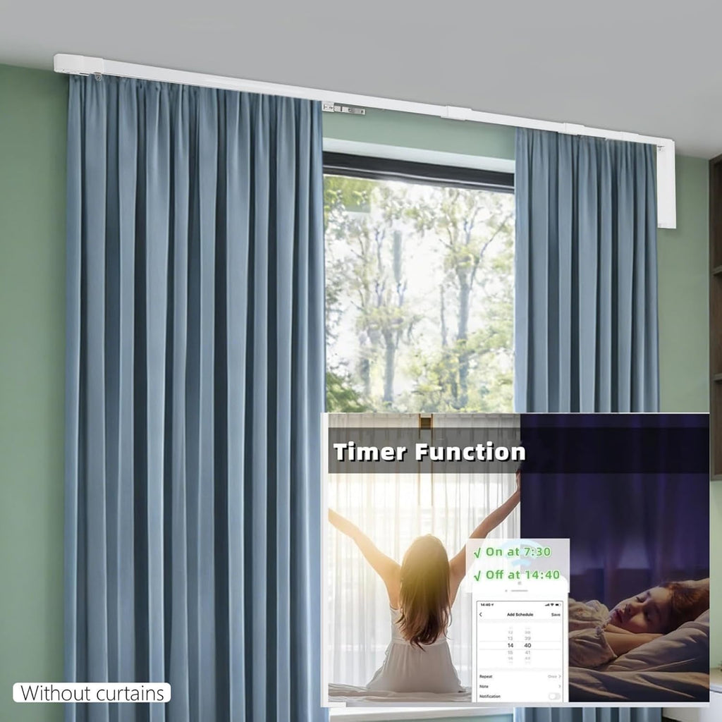 lemoeyes electric curtain track, retractable motorized curtains rod showing dimensions