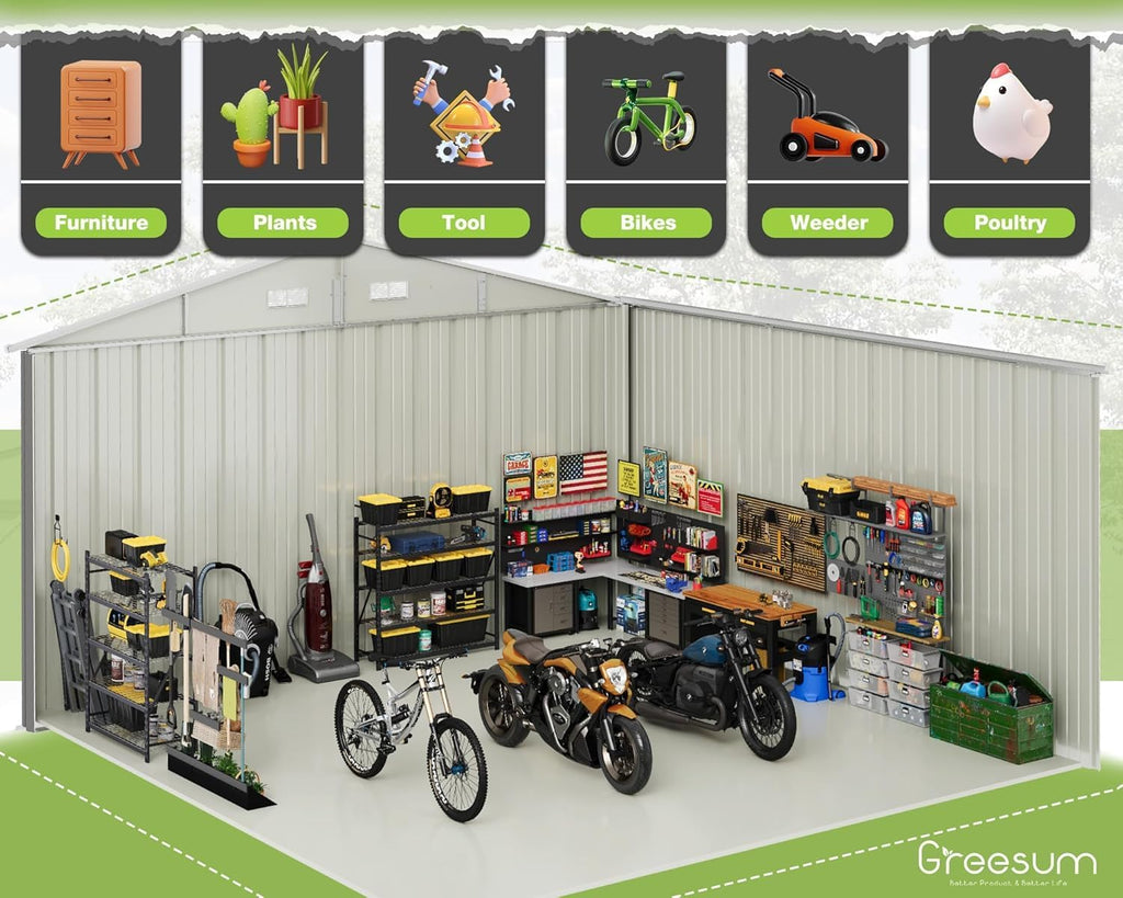 greesum 10 x 10 ft metal outdoor storage showing dimensions