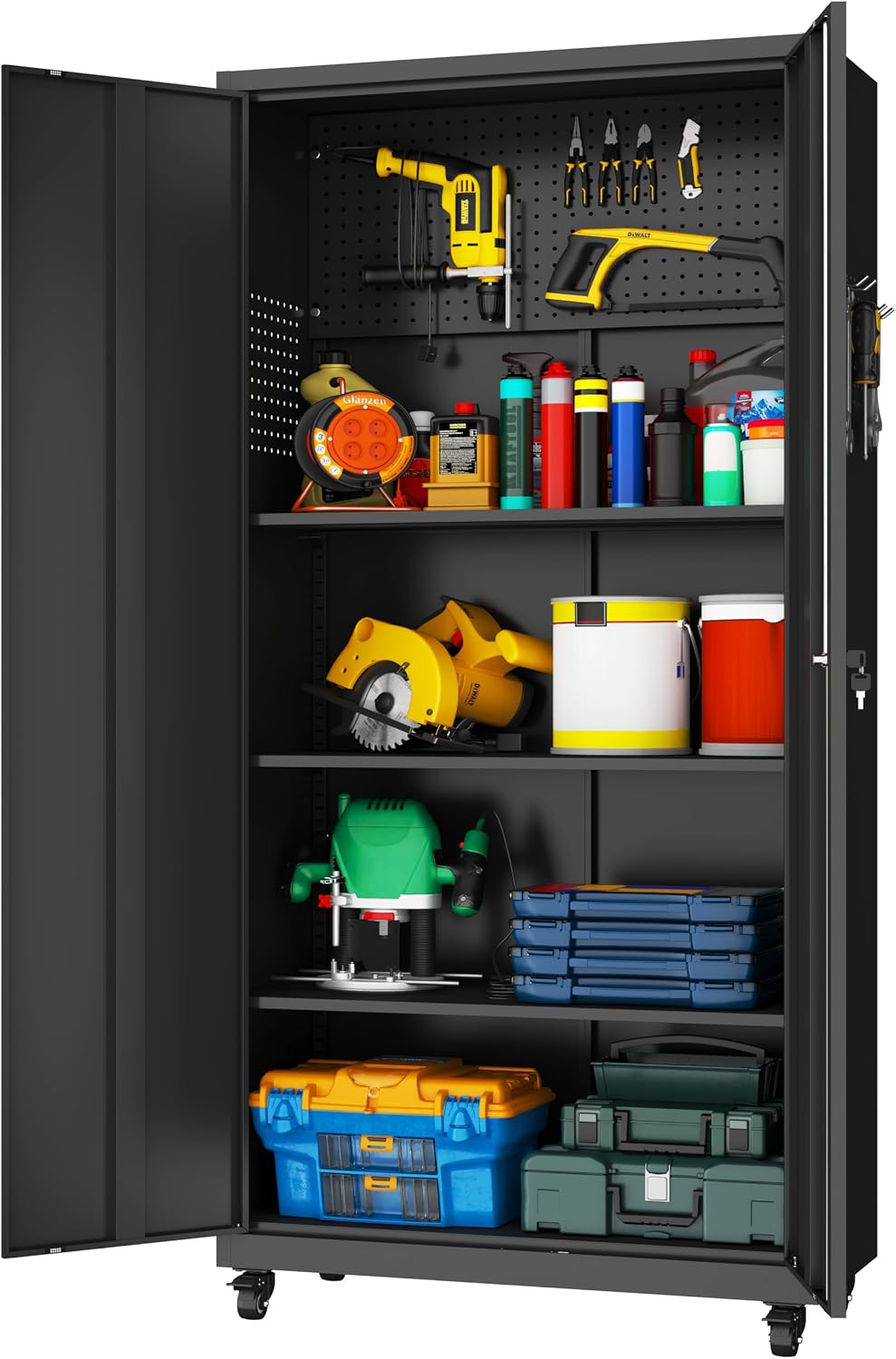Metal Garage Storage Cabinet with Wheels,71" Tool Storage Cabinet with Adjustable Shelves,Lockable Storage Cabinets with Pegboards for Warehouse,Workshop,Garage,Basement,Utility Room,Black