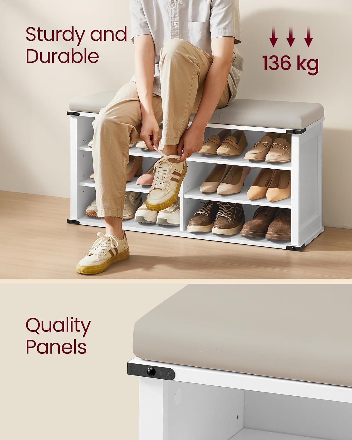 VASAGLE Shoe Storage Bench with Removable Cushion, Adjustable Shelves