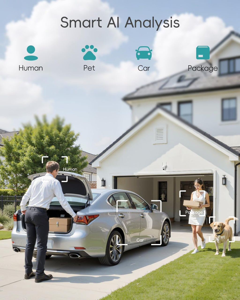 zumimall 2k wifi outdoor security camera, plug-in, 360° on a desk or shelf