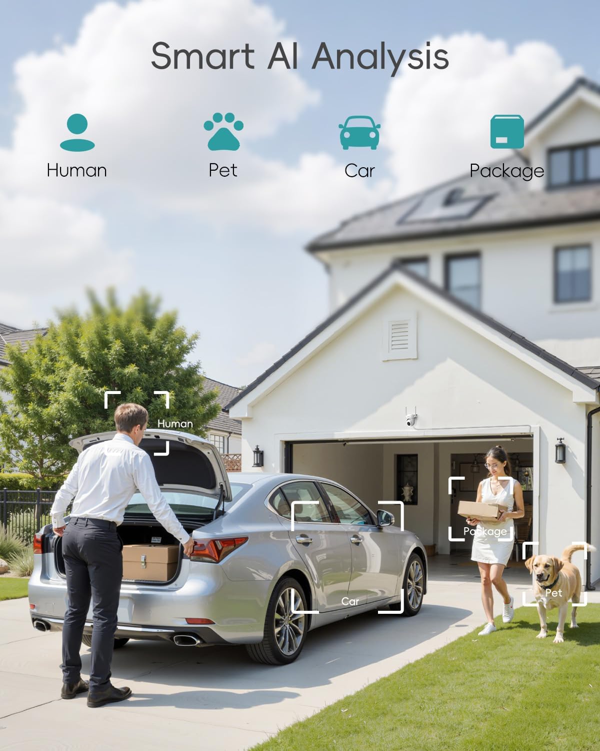 zumimall 2k wifi outdoor security camera, plug-in, 360° on a desk or shelf