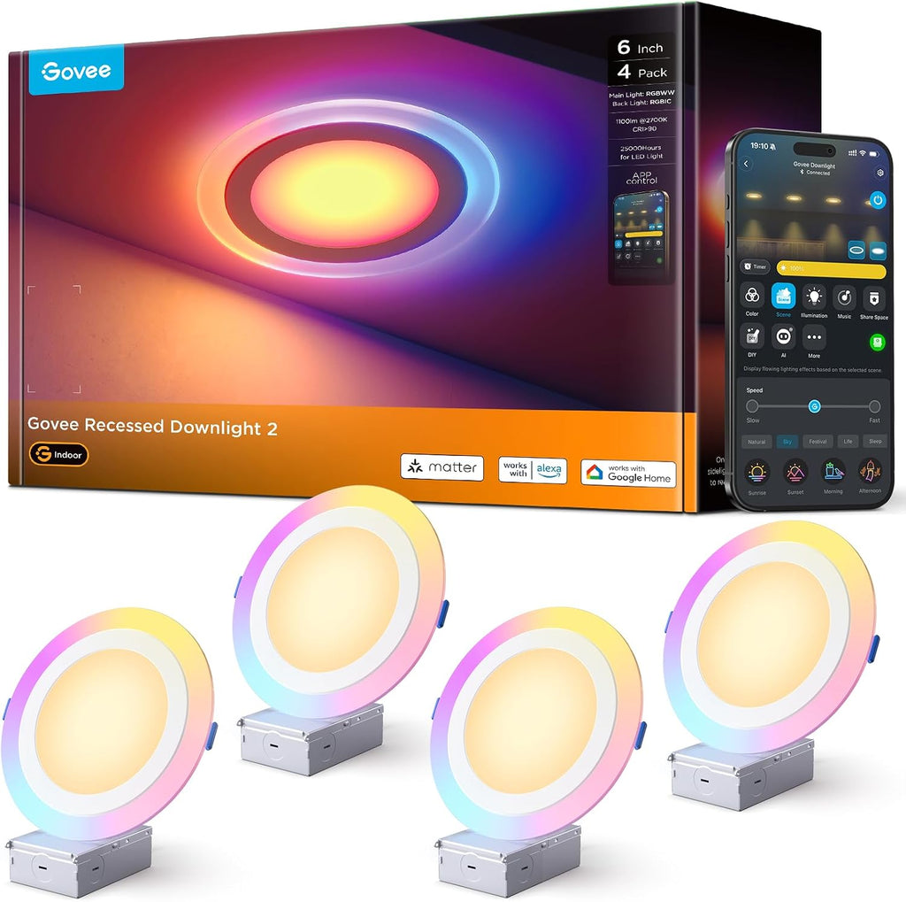 Govee Smart Recessed Lighting 6 Inch, Matter RGBIC LED Recessed Light Work (4 Pack)