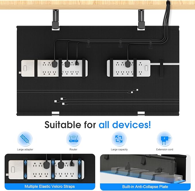 KIGJU Under Desk Cable Management Tray, 30-inch No-Drill Cord Organizer