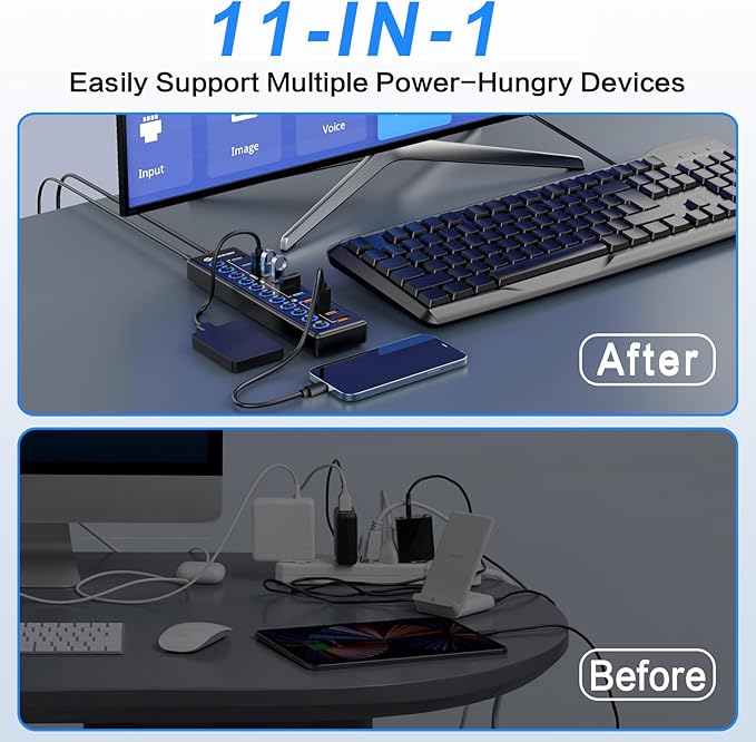 Powered USB Hub, MENKSID 11-Port USB Hub, 7 USB 3.2 Data Transfer Ports + 4