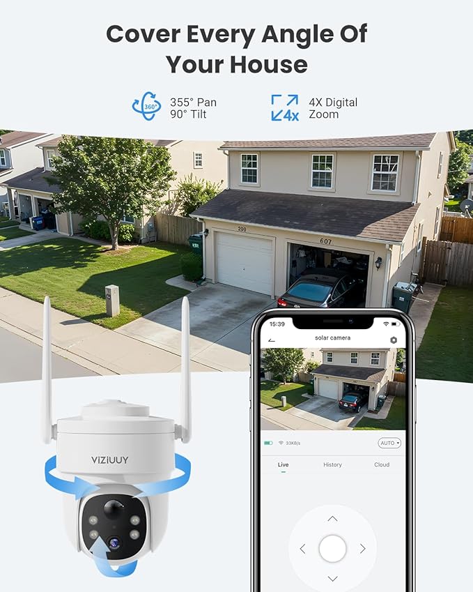 VIZIUUY Solar Security Cameras Wireless Outdoor, 3MP Pan Tilt 360°WiFi Camera