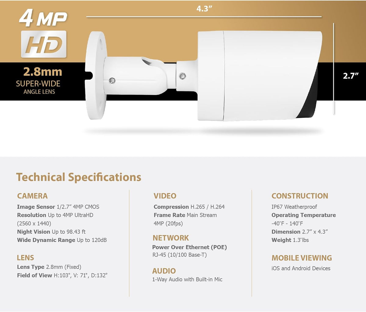 marquis 4mp poe ip bullet camera with audio showing dimensions