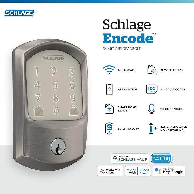 SCHLAGE BE489WB GRW 619 Encode WiFi Deadbolt Smart Lock, Keyless Entry